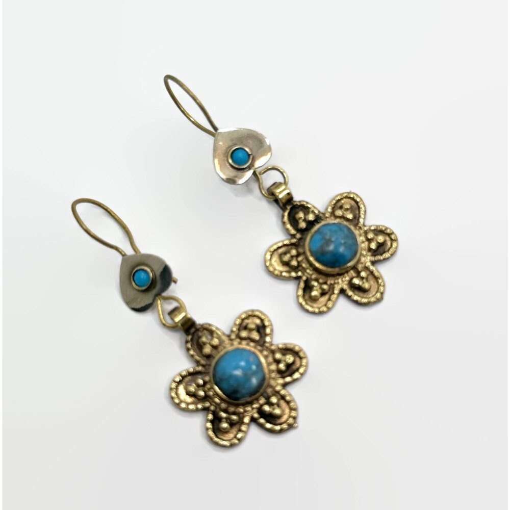 Flower Earrings, Turquoise, Brass, Middle Eastern, Kuchi, Afghan, Vintage